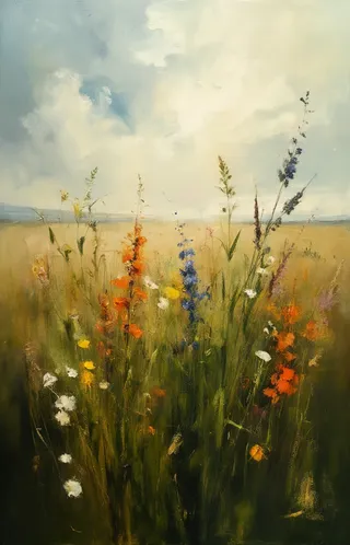 Painting of a vast field with colorful herbs and wildflowers swaying on a windy day under atmospheric light and cloudy sky