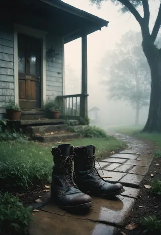 Pair of worn leather boots on a wet stone path leading to a creaking wooden door of a quaint house, surrounded by lush greenery and thick mist in early morning light.
