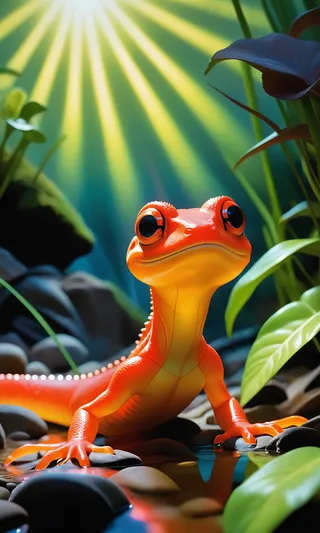 A vibrant orange newt under crepuscular rays with neon light effect, surrounded by plants and rocks.
