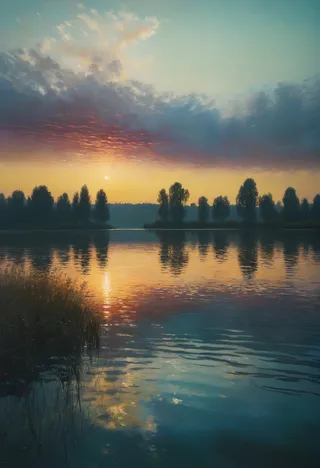 Sunset over a vast mystical lake with soft ripples, bold colors, and reflections influenced by Claude Monet's impressionist style
