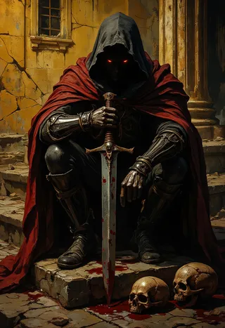 Dark fantasy scene featuring a hooded man cloaked in red, holding a bloodied sword while sitting on stone steps beside skulls, set in a ruined castle with gothic architecture.