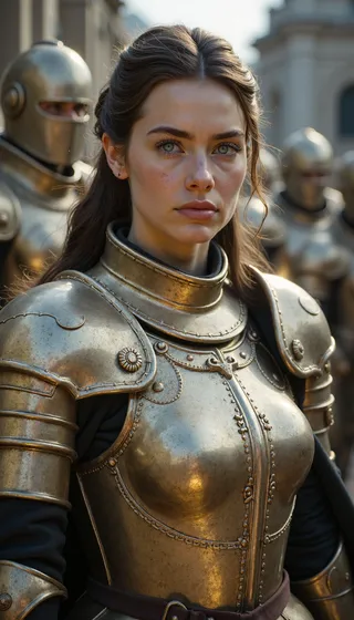 A female knight wearing resplendent, meticulously crafted plate armor stands with stoic determination amidst a medieval cityscape, surrounded by other knights in armor.