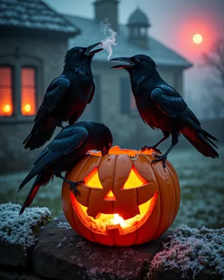 A glowing carved Halloween pumpkin lantern sits on a frosty stone wall with three ravens perched on and around it; behind is an old house with candlelit windows under a foggy winter evening sky.