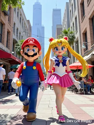 Mario holding a Fire Flower and Sailor Moon with her scepter strolling through a lively city square with street performers and shops, city skyline behind.