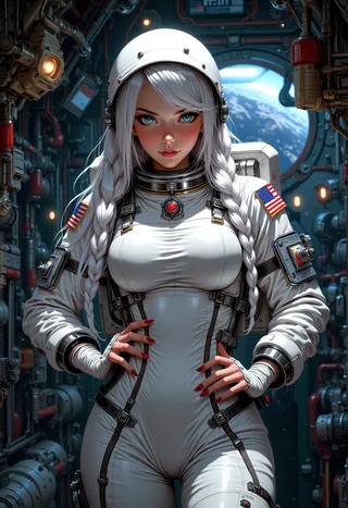 Photorealistic depiction of a female astronaut with white braided hair wearing a tight white spacesuit inside the International Space Station, standing confidently with moody lighting and Earth visible through a window.