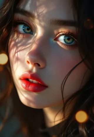 Closeup hyperrealistic digital painting of anime woman with striking green eyes, red lips, and soft shadows with bokeh effects