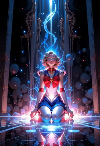 A glowing woman in a Sailor Moon outfit kneels in meditation on a reflective floor, surrounded by towering monolithic pillars and blue energy swirls.