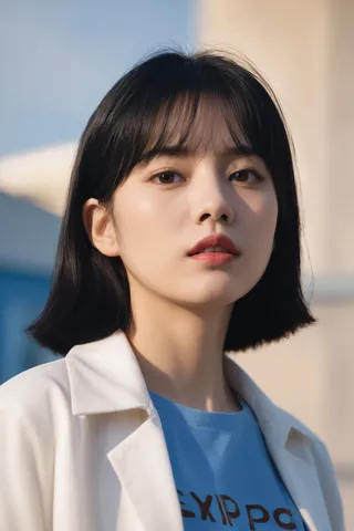 Portrait of a young woman with short black hair and brown eyes, wearing a white shirt and blue top, outdoors with a blue sky background