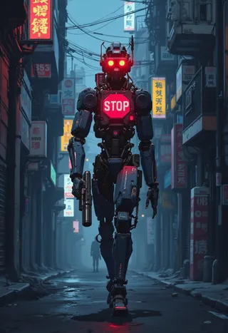 A cyberpunk robot with bright red glowing eyes and a stop sign on its chest, holding a futuristic handgun, walking through a dark alley illuminated by neon lights at night.