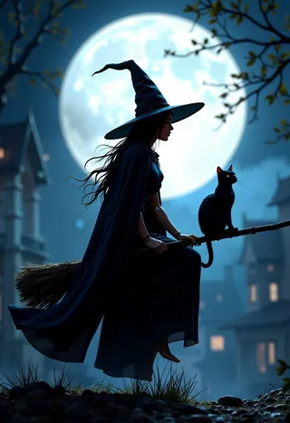Silhouette of a witch wearing a pointed hat and dark cloak sitting on a broomstick with a black cat beside her, set against a bright full moon and a dark night sky.