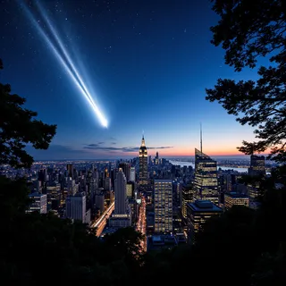 A bright comet with a luminous tail streaks across a starry twilight sky above a city skyline filled with illuminated skyscrapers and silhouetted trees.