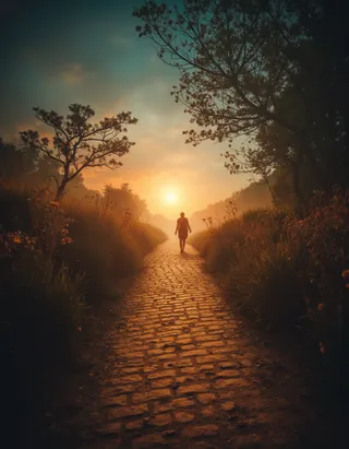 A silhouette of a person walking on a cobblestone road surrounded by tall grass and trees under a glowing sunset sky with spectacular lighting and depth of field.