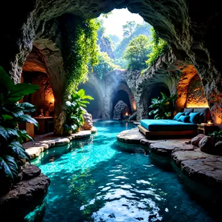 Luxurious bedroom nestled inside an underground cave with a natural crystalline pool, surrounded by lush tropical plants and ambient warm lighting.