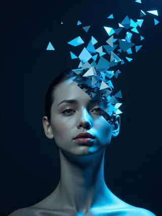 A cinematic 3D humanoid face calmly disintegrating into swirling blue triangular shards against a dark fantasy background.
