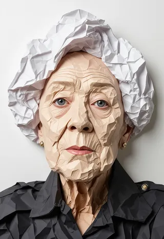 Portrait of an older woman with a face made from crumpled paper texture, wearing a white paper hat and a dark paper textured outfit in a bold composition.