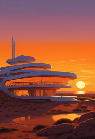 A sleek futuristic building designed with layered circular architecture inspired by Syd Mead and Frank Lloyd Wright, featuring a large outdoor cinema, set against a vibrant orange sunset and desert landscape, in the illustrative style of Moebius.
