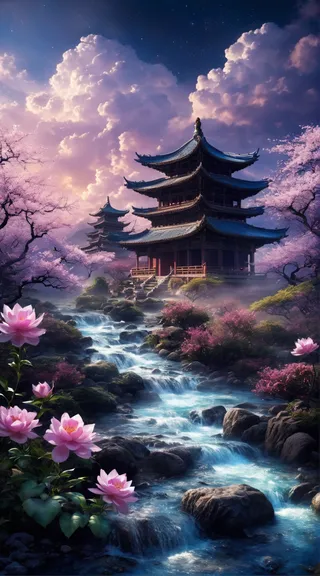 A serene traditional pagoda surrounded by blooming cherry blossoms, with a flowing river cascading over rocks under a dramatic sky filled with dense clouds.