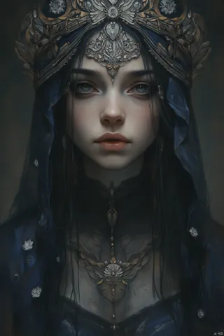 Portrait of a mysterious woman with a silver and gold filigree headdress, wearing a flowing midnight-blue gown with silver accents, her expression enigmatic.
