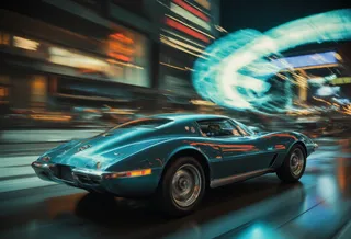 Blue and teal retro futurism Corvette car in motion with motion blur effect in an avant-garde Syd Mead techno style cityscape