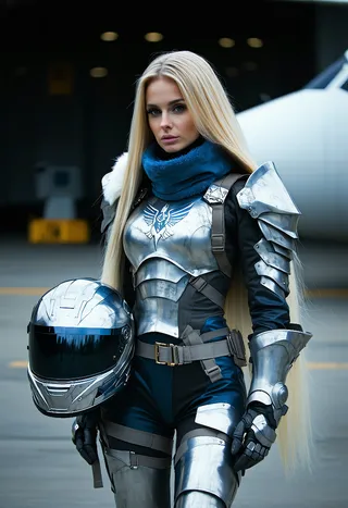 A confident blonde woman wearing high-tech silver and blue futuristic armor holding a metallic sci-fi helmet in an industrial setting.