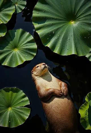 A hyper-realistic close-up of an otter floating on its back in calm water surrounded by large Victoria Amazonica lily leaves with water droplets.