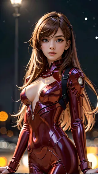Highly detailed portrait of Asuka Langley wearing a shiny red Evangelion suit in a dynamic night scene with moonlight illuminating her hair and a dreamy bokeh background.