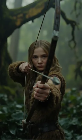 Close-up view of an archer girl aiming a bow with an arrow in focus, standing in a dense jungle with blurred trees in the background. She wears animal fur clothing and has deer antlers on her head.