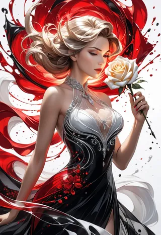 Um retrato detalhado de uma mulher elegante com cabelos loiros esvoaçantes, vestindo um vestido preto e prata, segurando uma rosa branca brilhante contra um fundo dinâmico de manchas de tinta vermelha e preta.