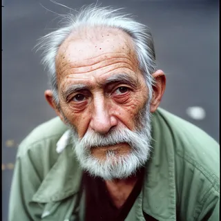 Closeup detailed portrait of a homeless elderly man with white beard and wrinkles, sitting on the street wearing a green jacket, captured in Kodak Portra style.