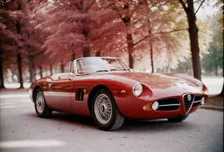 Red Alfa Romeo classic convertible captured in a romantic photographic portrait style with Kodak Portra film effect, surrounded by reddish autumn trees.