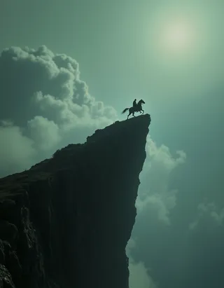 Silhouette of a horseback rider poised on the sharp edge of a high cliff against a misty sky with dramatic lighting and clouds.