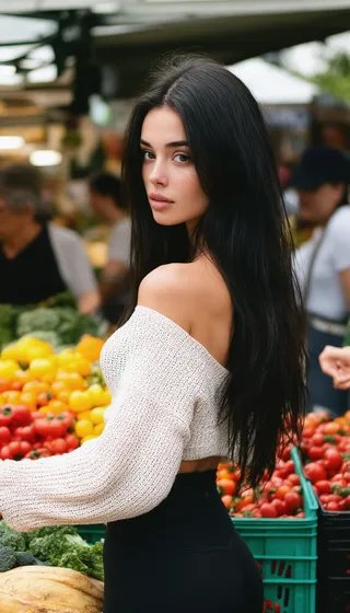 Photorealistic image of a woman with long dark hair wearing a white off-shoulder sweater and black leggings, shopping at an outdoor market with fresh colorful vegetables in the background.