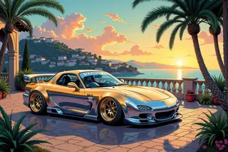 Mazda RX-7 sports car featuring a gold to silver gradient paintwork and Vossen ERA-3 rims parked in a Mediterranean villa courtyard at sunset with coastal hills and sea in the background.
