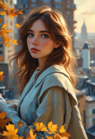 Portrait of a girl with blue eyes and flowing hair standing on a rooftop during autumn, surrounded by golden leaves and a city skyline at sunrise, painted in oil style.