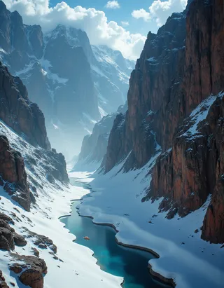 A misty mountain valley with snow-covered banks, a winding river, and steep rocky cliffs under a cloudy blue sky, captured with cinematic lighting.
