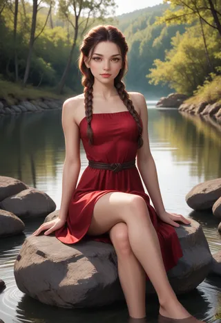 A woman with braided hair wearing a red dress, sitting on a large rock near a calm river with crossed legs, soft natural lighting, and a serene forest background.