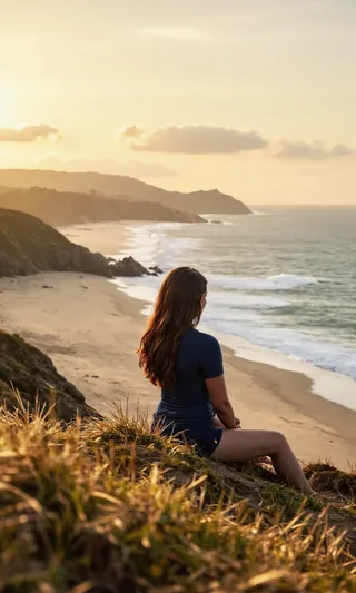 Young woman with long brown hair sitting on a grassy hill overlooking a sandy beach with gentle waves at sunset