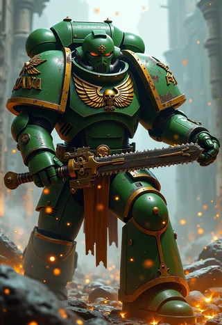 Green-armored Warhammer 40k space marine wielding a chainsaw sword, standing in a battle-worn environment with glowing embers and sci-fi designs.