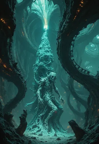 A photorealistic futuristic sculpture in a dark cavern inspired by Arnold Böcklin's Isle of the Dead, featuring a skeletal figure with surreal, glowing architecture