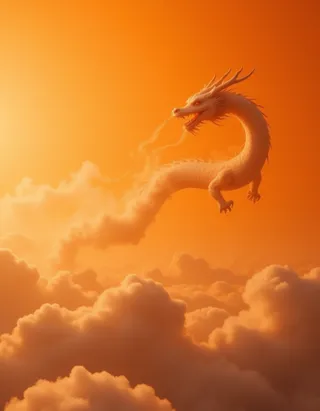 A long wingless Chinese dragon made of dense smoke flying through an orange sky above fluffy clouds, leaving smoke trails behind its curling body.