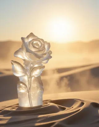 Intricate ice carving of a rose standing in pale yellow desert sand with sunlight shining through, sand blowing, and steam rising from the ice.