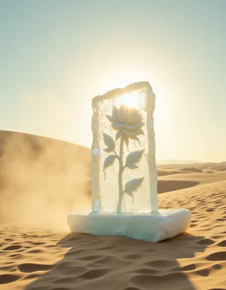 A large slab of ice with a carved rose bush stands on pale yellow desert sand, with sunlight streaming through and steam slightly rising.