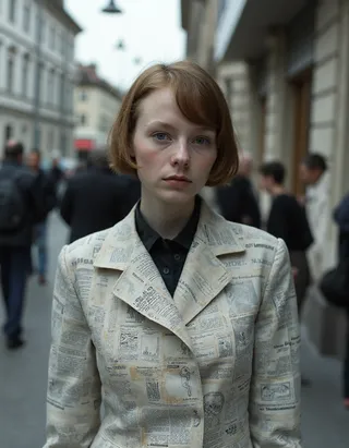 Portrait of a woman with short hair wearing a suit made of newspaper clippings, photographed on a cloudy day on a street in Bern, Switzerland, with a blurred background of people and buildings.