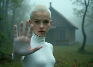 A girl with shaved white hair and pale skin wearing tight matte white futuristic clothes extends her palm forward with intense expression, standing in front of a blurry traditional wooden house surrounded by fog and green trees.