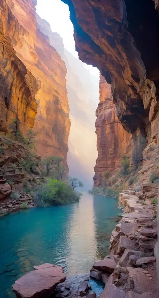 A vast canyon with tall orange rock cliffs on either side, a hazy and misty atmosphere, a calm blue river flowing through the middle, and rocky pathways alongside the water.
