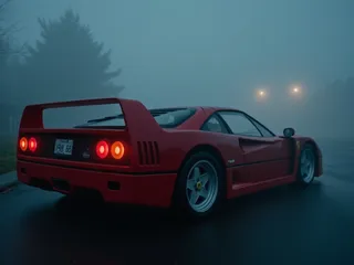 Rear view of a red Ferrari F40 on a wet pavement during dusk with fog enveloping the scene, featuring bright taillights and diffused backlighting that accentuates the car's curves.
