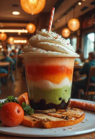 Close-up of a colorful layered dessert in a clear cup topped with whipped cream with a striped straw, set in a cozy restaurant interior with warm ambient lighting.