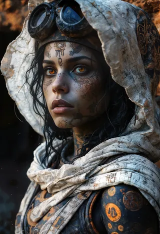 Close-up of a desert mystic woman with piercing amber eyes, detailed face tattoos, weathered skin, wearing a hooded shawl and goggles.