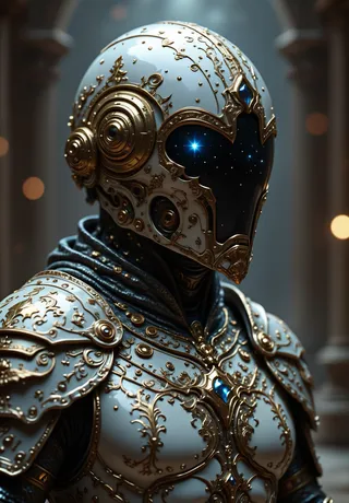 Close-up of a futuristic knight wearing intricate white and gold armor with a galaxy-reflecting helmet visor showing stars and nebulas, set against a blurred hall background.