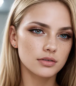 Close-up portrait of a beautiful blonde woman with freckles, blue eyes enhanced with eyeshadow, rim lighting, and sharp focus on her face.